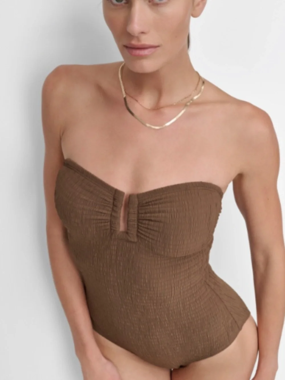 Dkny Women's Textured Shirred One-Piece Swimsuit Brown Size L 11609